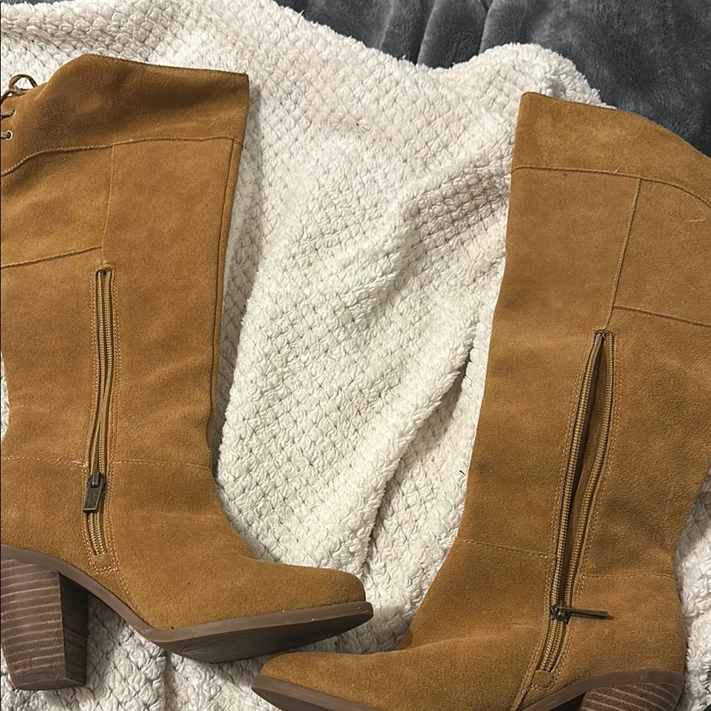 Brown Heeled Boots with Knee High Design and Soft Suede Texture